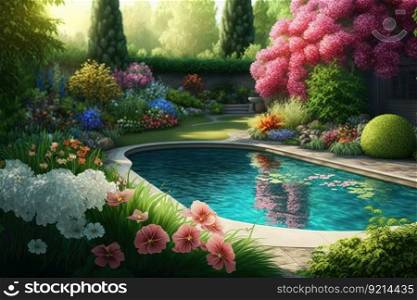 swimming pool with view of lush green garden, surrounded by blooming flowers, created with generative ai. swimming pool with view of lush green garden, surrounded by blooming flowers