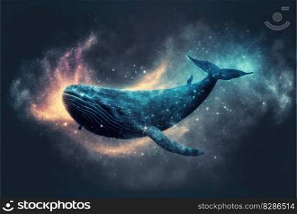 Swimming whale among fantasy abstract art in outer space among particles starry. Concept of glowing nebula with aquatic spouting star dust. Finest generative AI.. Swimming whale among fantasy abstract art in outer space among particles starry.