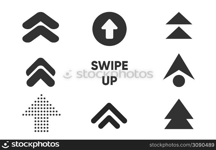 Swipe up, set of buttons for social media. Black arrows, buttons and web icons for advertising and marketing in social media application. . Swipe up, set of buttons for social media. Black arrows, buttons and web icons for advertising and marketing