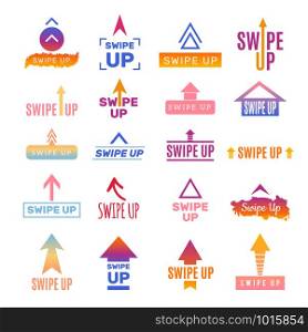 Swipe up. Ui template web elements for social photo blog app vector design. Social button, swipe up arrow, pointer for application illustration. Swipe up. Ui template web elements for social photo blog app vector design