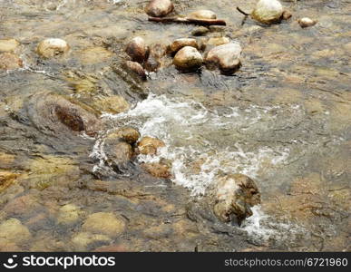 Swirl of water among the stones of a small river. River and stones