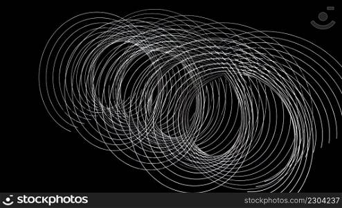Swirling geometric 3d render of swirl of round threads. Abstract digital oval scratches on surface. Creative minimalistic drawing in dynamic movement in modern style. Swirling geometric 3d render of swirl of round threads. Abstract digital oval scratches on surface. Creative minimalistic drawing in dynamic movement in modern style.. Spirals of white lines