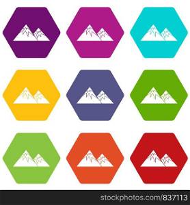 Swiss alps icon set many color hexahedron isolated on white vector illustration. Swiss alps icon set color hexahedron