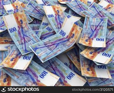 Swiss Currency Bank Notes (Swiss Francs). Pile of 100 CHF
