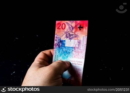 Swiss franc banknote. CHF currency, world money concept