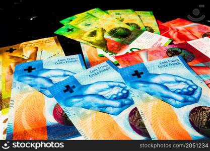 Swiss franc banknote. CHF currency, world money concept