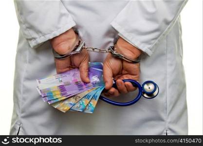 swiss francs (cash switzerland) with handcuffs. money laundering and economic crime in the