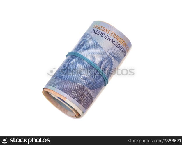 Swiss francs in a roll on white background