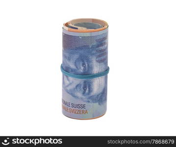 Swiss francs in a roll on white background