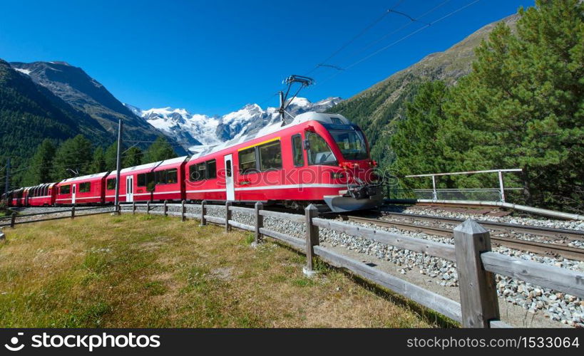 Swiss mountain train Bernina Express crossed Alps