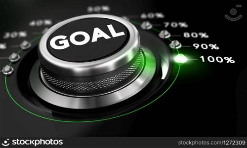 Switch button positioned on the number 100 percent, black background and green light. Conceptual image for illustration of goals achievement.. Achieve Goals
