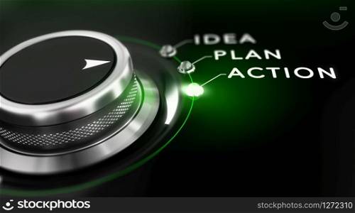 Switch button positioned on the word action, black background and green light. Conceptual image for illustration of business action plan.. Action Plan