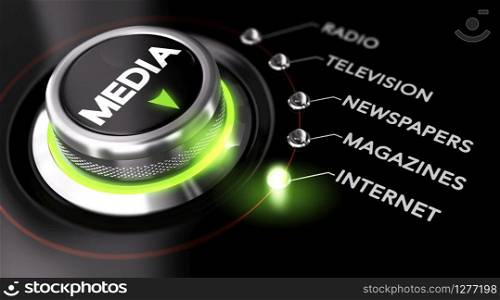 Switch button positioned on the word internet, black background and green light. Conceptual image for illustration of Marketing Advertising Campaign and communication strategy. Advertising Campaign, Mass Medias