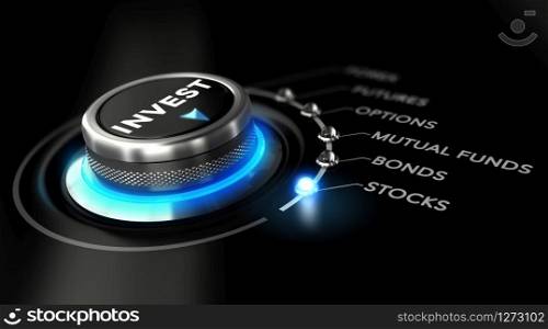 Switch button positioned on the word stock, black background and blue light. Conceptual image for illustration of investment strategy. Finance Concept