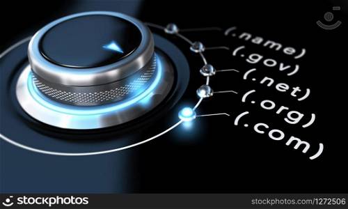 Switch button with blue light, black background. Conceptual image for domain name choice.. Domain Name