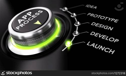 Switch button with green light, black background. Conceptual image for illustration of app development process.. App Development Process