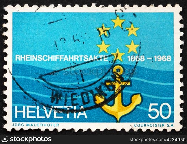SWITZERLAND - CIRCA 1968: a stamp printed in the Switzerland shows Flag of Rhine Navigation Committee, Centenary of the Rhine Navigation Act, circa 1968