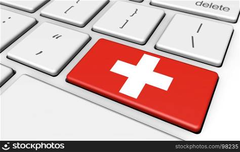 Switzerland digitalization and use of digital technologies concept with the Swiss flag on a computer key 3D illustration.