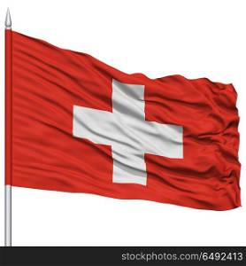 Switzerland Flag on Flagpole , Flying in the Wind, Isolated on White Background