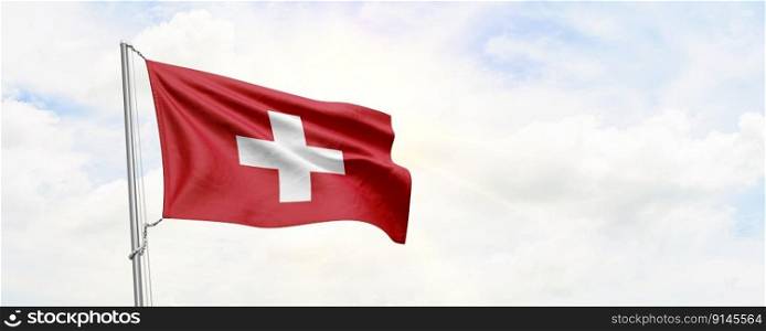 Switzerland flag waving on sky background. 3D Rendering