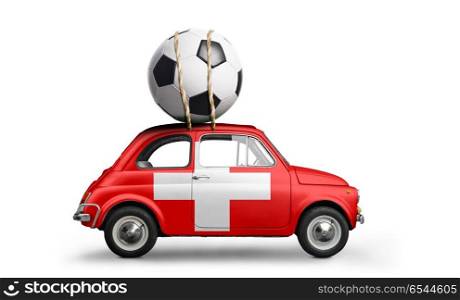 Switzerland football car. Switzerland flag on car delivering soccer or football ball isolated on white background