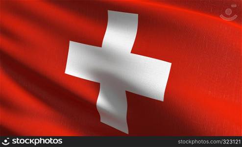Switzerland national flag blowing in the wind isolated. Official patriotic abstract design. 3D rendering illustration of waving sign symbol.