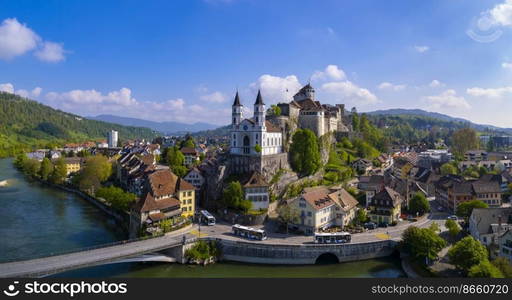 Switzerland travel and landmarks. Aarburg  aerial view.  old medieval town with impressive castle and cathedral over rock. Canton Aargau, Bern province