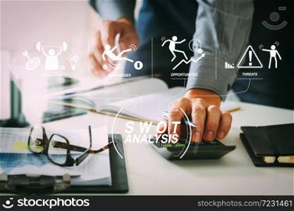 SWOT Analysis virtual diagram with Strengths, weaknesses, threats and opportunities of company.businessman hand working with finances about cost and calculator and latop with mobile phone on withe desk.