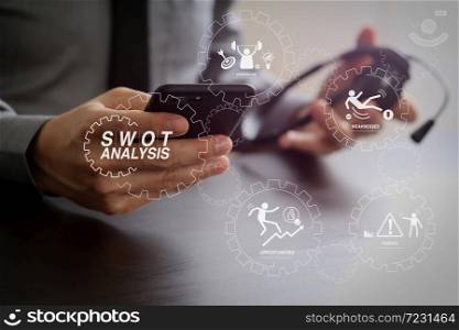 SWOT Analysis virtual diagram with Strengths, weaknesses, threats and opportunities of company.businessman using VOIP headset with mobile phone and concept communication call center on wooden desk