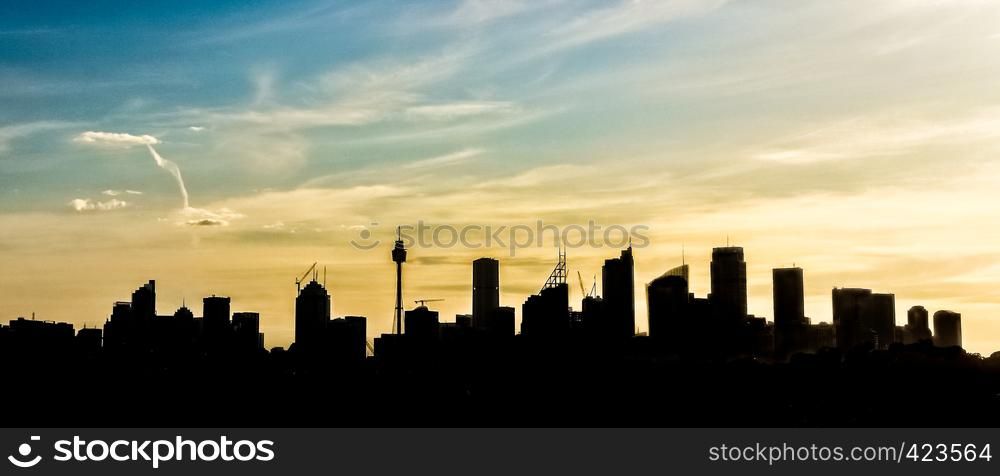 Sydney city skyscrapers outline silhouette panorama view, Sydney, Australia