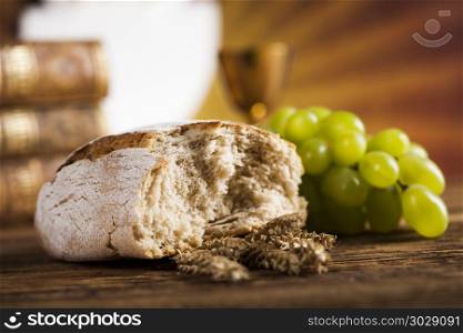 Symbol christianity religion a golden chalice with grapes and br. Holy Communion Bread, Wine for christianity religion