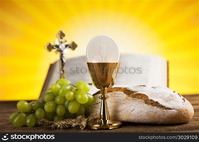 Symbol christianity religion a golden chalice with grapes and br. Holy Communion Bread, Wine for christianity religion