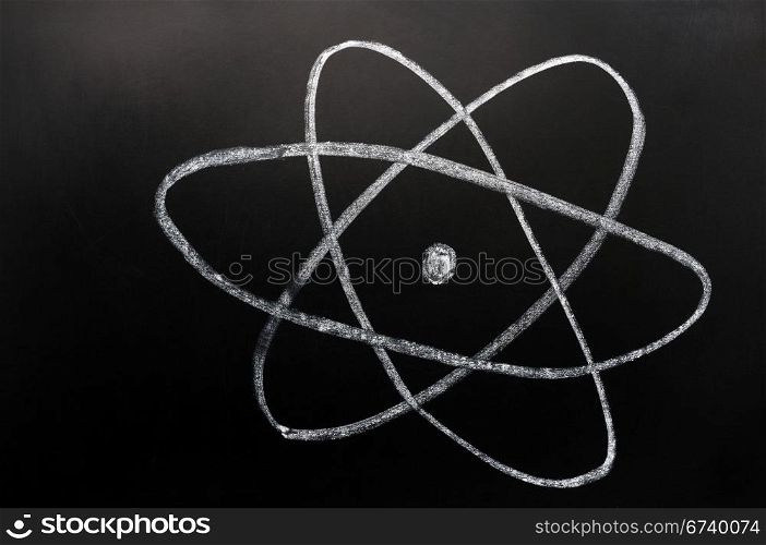 symbol of atom, also nuclear energy, plant, reactor, research or uranium, sketched with white chalk on a blackboard