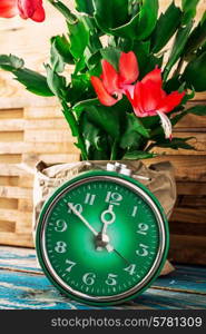 symbol of spring green clock and blossoming flower.Image is tinted in vintage style