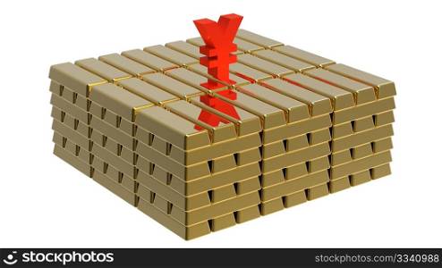 Symbol of yen on gold bars money concept