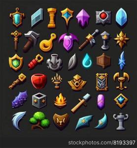 symbol rpg 2d game icons ai generated. light item, fire coin, money crystal symbol rpg 2d game icons illustration. symbol rpg 2d game icons ai generated