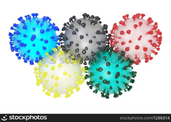 Symbolic 3D illustration of the coronavirus sars-cov-2 and the olympic rings