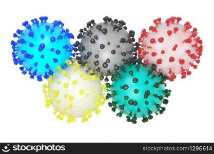 Symbolic 3D illustration of the coronavirus sars-cov-2 and the olympic rings