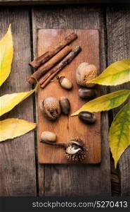 symbolic autumn background. autumn foliage, walnut, acorns and cinnamon on a retro background