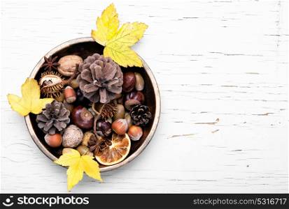 symbolic autumn Ikebana. autumn still life with cones, acorns, nuts and fallen leaves