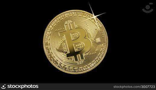 Symbolic golden coin of bitcoin crypto currency, new digital money in cyber world, isolated on black background