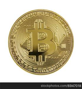 Symbolic golden coin of bitcoin crypto currency, new digital money in cyber world, isolated on white background
