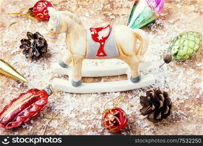 Symbolic horse for Christmas.Vintage Christmas decorations for the holiday. Christmas tree decoration