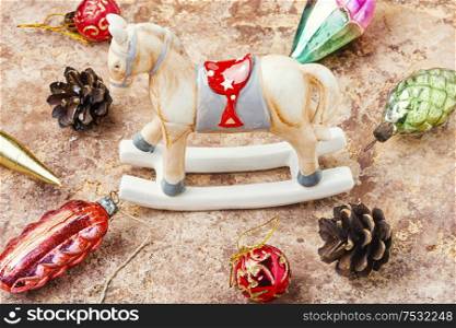 Symbolic horse for Christmas.Vintage Christmas decorations for the holiday. Christmas vintage decorations