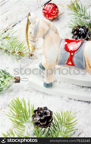Symbolic horse for Christmas.Vintage Christmas decorations for the holiday. Symbolic christmas horse