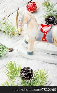 Symbolic horse for Christmas.Vintage Christmas decorations for the holiday. Symbolic christmas horse