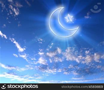 symbols of islam religion against bright cloudy sky