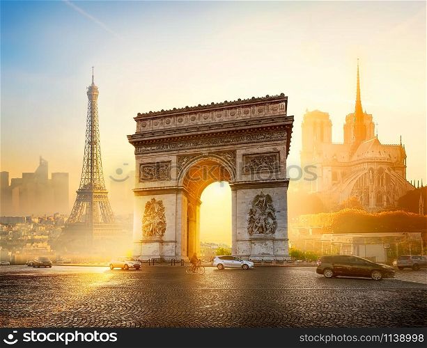 Symbols of Paris at sunset summer evening