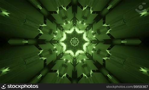 Symmetric 3D illustration of abstract background of green tunnel formed with green gem ornament. 3D illustration of abstract green crystal ornament