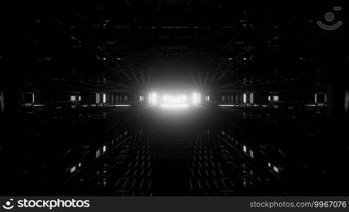 Symmetric 3D illustration of abstract background with bright white light shining in end of dark tunnel. 3D illustration of bright light in tunnel